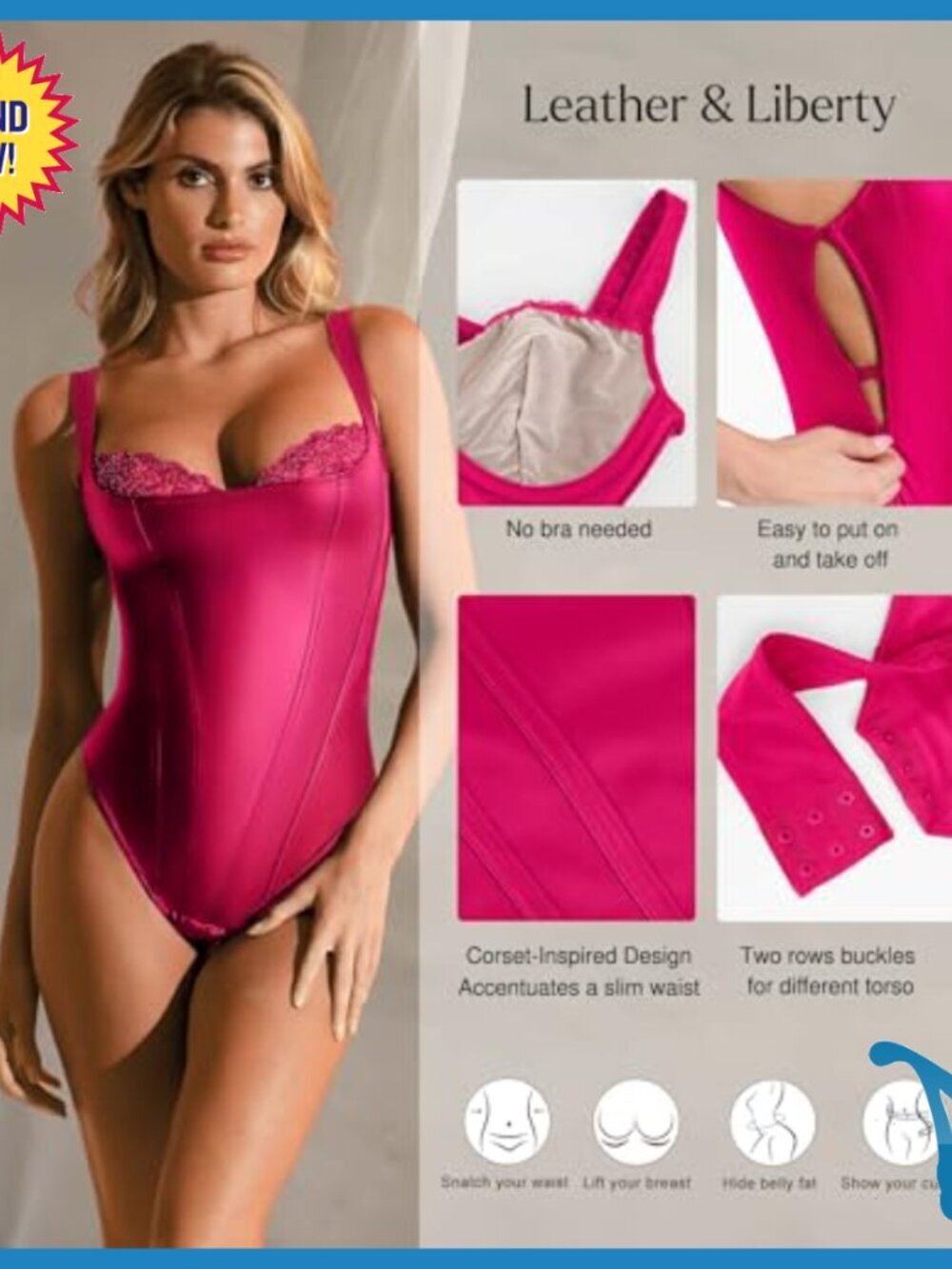 Faux Leather Shapewear Bodysuit with Lace Underwire Tummy Control - Picture 3 of 7